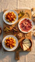 Spanish tapas spread with patatas bravas, jamón ibérico, olives, cheese and olive oil on rustic wooden board for Mediterranean dining and entertaining.