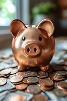 Metallic copper piggy bank surrounded by scattered coins on blurred background, symbolizing savings and financial planning for business concepts.