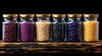Colorful dried legumes and grains in glass jars on rustic wooden surface against dark background. Healthy organic food storage and preservation concept.