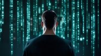 Man looking at digital matrix code rain on dark background, binary numbers streaming down in cybersecurity and artificial intelligence concept.
