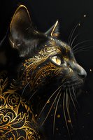 Black cat with mystical golden ornamental patterns and glowing amber eye against dark background, magical feline portrait with decorative swirls and flourishes.