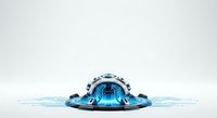 Futuristic blue metallic dome with water splash effect on white background, isolated for tech and innovation design projects.