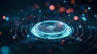 Glowing neon blue circular portal with light particles and bokeh effects on dark background creates futuristic technological atmosphere.