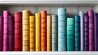 Colorful hardcover books arranged in rainbow spectrum order on white bookshelf, spines showing gradient from pink through yellow, turquoise to purple creating vibrant display.