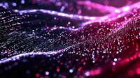 Glowing pink and purple light waves with sparkling particles create mesmerizing abstract background with bokeh effect and luminous dots in motion.