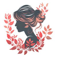 Female silhouette profile with elegant updo hairstyle surrounded by coral pink floral leaves and branches on white background, isolated design element.