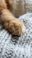 Cat paw on knitted fabric, close-up of ginger feline foot on gray wool sweater or blanket for pet care content.