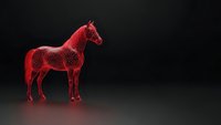Red wireframe horse hologram on dark background with glowing digital mesh structure for technology presentations and futuristic design projects.