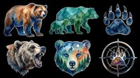 Watercolor bear clipart set with six elements isolated on transparent background, ready for stickers, t-shirt design, print on demand, and sublimation projects.