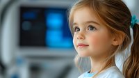 Young Caucasian girl with blue eyes and light brown hair in pigtails looking up thoughtfully against blurred medical office background, soft natural lighting creates gentle atmosphere.