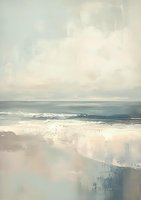 Serene coastal landscape in soft pastel tones featuring misty horizon, gentle waves, and sandy beach, painted in minimalist contemporary style with subtle color transitions.