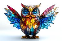 Colorful geometric owl with stained glass style wings in vibrant blue, orange, and pink tones against white background. Decorative mosaic bird art design for modern decor.