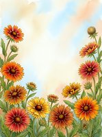 Watercolor gaillardia blanket flowers in red, orange and yellow bloom against a soft pastel sky background with copy space.