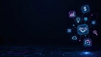 Digital business technology concept with glowing icons including handshake, dollar sign, lightbulb and charts on dark futuristic grid background.