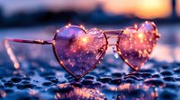 Heart shaped sunglasses with magical sparkles and bokeh lights reflecting on wet surface during sunset, creating romantic dreamy atmosphere for valentines concept.
