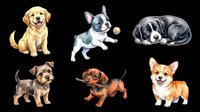 Golden retriever, French bulldog, and sleeping black and white puppy with terrier, dachshund, and corgi isolated on transparent background. Ready for t-shirt designs, clipart, stickers, print-on-demand products, and sublimation projects.