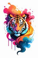 Vibrant artistic tiger head portrait with colorful smoke effects and paint splashes perfect for modern apparel design, urban art projects and creative merchandise on white background.