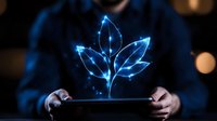 Glowing blue holographic plant sprouting from digital tablet held by person against dark background, representing growth and technology innovation.