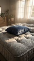 Serene bedroom interior with unmade bed featuring navy blue pillow, cream quilted bedding, natural sunlight streaming through sheer curtains, wooden furniture and potted plants for home decor.