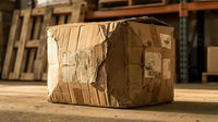 Damaged cardboard shipping box with torn packaging tape sitting on warehouse floor with wooden pallets in background for delivery and logistics concepts.