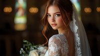 Young Caucasian bride with brown hair in elegant lace wedding dress and veil holding bouquet in church with warm bokeh lights creating romantic atmosphere.