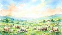 Flock of sheep grazing in rolling green pasture with distant hills and farmhouse, watercolor countryside landscape for agricultural, rural, and pastoral design projects.