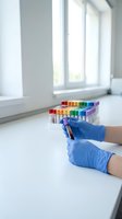 Medical technician hands in blue latex gloves holding blood sample tube in modern laboratory with colorful test tubes for clinical analysis and diagnostics.