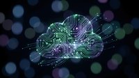 Cloud computing network with circuit board pathways and digital connections glowing in green and purple neon lines against dark bokeh background for technology and data storage concepts.