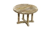 Rustic wooden round dining table with weathered finish and four legs, isolated on white background for interior design and furniture projects.