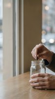Person opening glass jar with hands on wooden table near window with soft natural lighting and blurred city background for kitchen storage concepts.