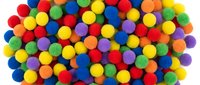 Colorful felt pom poms arranged in a vibrant cluster, showcasing red, blue, yellow, green, orange, and purple fluffy craft balls.