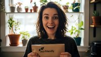 Excited young woman holding eco-friendly cardboard sign in modern kitchen with plants, promoting sustainable lifestyle and environmental awareness.