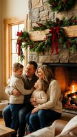 Happy Caucasian family of four embracing by fireplace with Christmas garland decorations in cozy rustic living room during holiday season celebration.