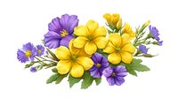Vibrant yellow and purple wildflowers bouquet with green leaves on white background, watercolor style botanical arrangement for greeting cards and decorative designs.