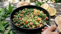 Tabbouleh salad with fresh parsley, tomatoes, and bulgur wheat in black bowl, served with lemon slices and pita bread for Mediterranean cuisine cooking.