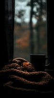 Cozy dark autumn composition with knitted brown blanket and black coffee mug near rainy window, creating moody atmospheric scene for seasonal lifestyle content.