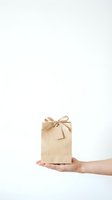 Hand holding kraft paper gift bag with ribbon bow and blank tag on white background for eco-friendly packaging and sustainable shopping concepts.