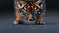 Young tiger cub with intense amber eyes and distinctive black stripes crouching low in hunting position against dark background, showing natural predatory behavior.
