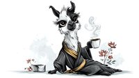 Stylized llama in black kimono robe drinking tea with pink flowers and steam, artistic illustration on white background for stationery and merchandise design.