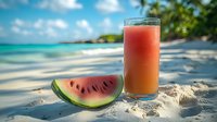 Fresh watermelon slice and tropical smoothie drink on sandy beach with turquoise ocean waves and palm trees in background, summer vacation concept.