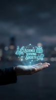 Hand holding glowing neon hologram with scientific icons and text, representing innovation, research, and technology advancement for educational and corporate presentations.