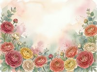 Watercolor ranunculus flowers frame with soft pastel background, floral border design for wedding invitations, greeting cards and romantic decorations.