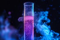 Glowing purple liquid in test tube with bubbles and blue smoke effect against dark background, dramatic scientific laboratory experiment atmosphere.