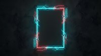 Neon glowing rectangular frame with cyan and red lights on dark textured background, isolated and ready for design overlays, posters, and digital projects.