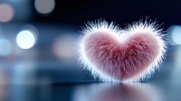 Fluffy pink heart shape floating against dark blue bokeh background with soft glowing lights, creating romantic and dreamy atmosphere for Valentine's Day designs.