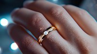 Golden wedding band with diamonds sparkles on woman's finger against blurred bokeh lights background, creating romantic and luxurious atmosphere.