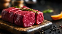 Raw beef tenderloin steaks with rosemary, peppercorns and spices on rustic wooden cutting board against dark background, macro food photography.