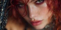 Close-up portrait of young Caucasian woman with curly red hair and green eyes wearing dark studded leather jacket looking at camera with intense gaze.
