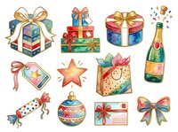 Festive gift boxes, wrapped presents, champagne bottle, and decorative bows isolated on white background, ready for holiday greeting cards, party invitations, and seasonal designs.