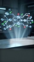 Futuristic holographic network diagram with green checkmarks and red crosses floating above a metallic surface in a dark tech environment.